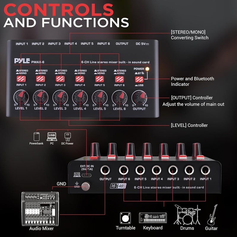 Pyle 6-Channel Wireless BT Streaming Mini Line Mixer with USB Audio Interface - 6 Mono/Stereo Switching Inputs | Ultra-low Noise Design with High Headroom | Built-in USB Sound Card - PMAX6 - Image 2